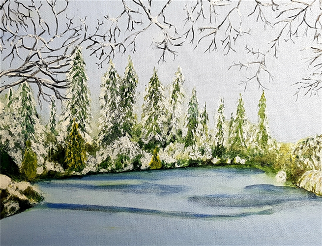 Watercolour picture of a snowy forest of pine trees
