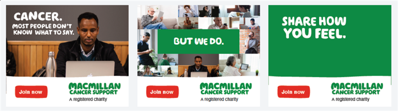 Macmillan adverts for social media, featuring images of people using phones and laptops.