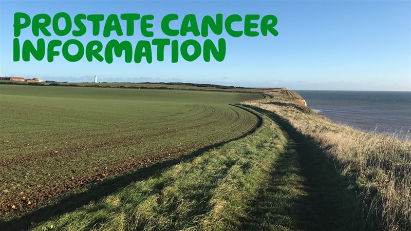'Prostate Cancer Information' over a summery image of coastal fields and sea