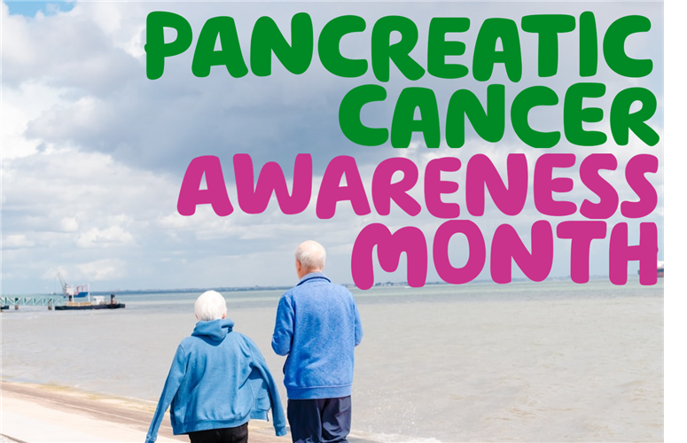 "Pancreatic cancer awareness blog" written over a picture of an old couple turned away from the camera, walking along a seafront in the sunshine.