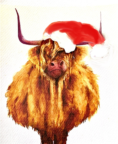 A watercolour highland cow wearing a Christmas hat.
