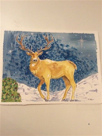 A painting of a stag on a blue background.