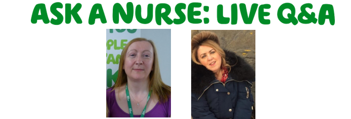 "Ask a nurse: Live Q&A" written above two pictures of Macmillan nurses, Ellen and Kate