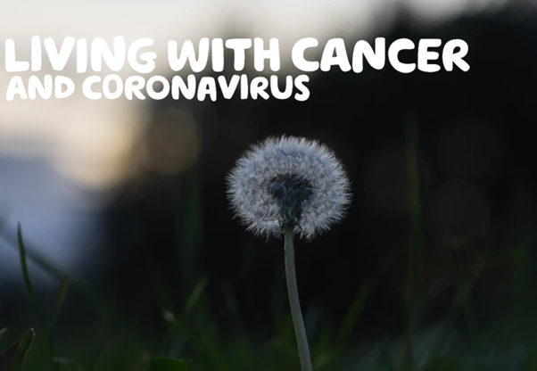 A dandilion clock standing alone with the words Living with cancer and coronavirus written in white across the picture. 