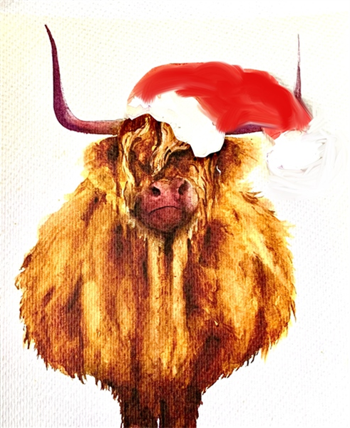 A highland cow wearing a santa hat