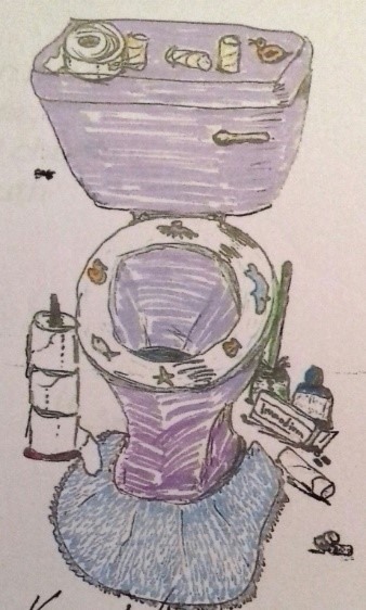 A colouring pencil drawing of a purple toilet.