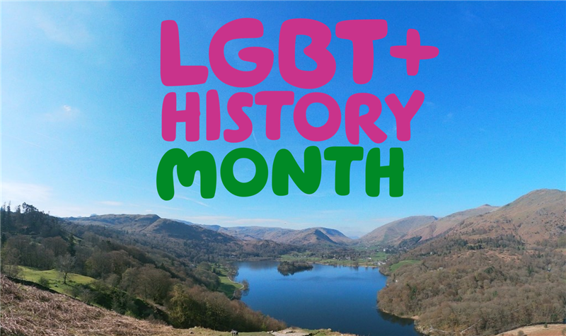 "LGBT+ History Month" written over a picture of a lake at the bottom of a valley, and a bright blue sky
