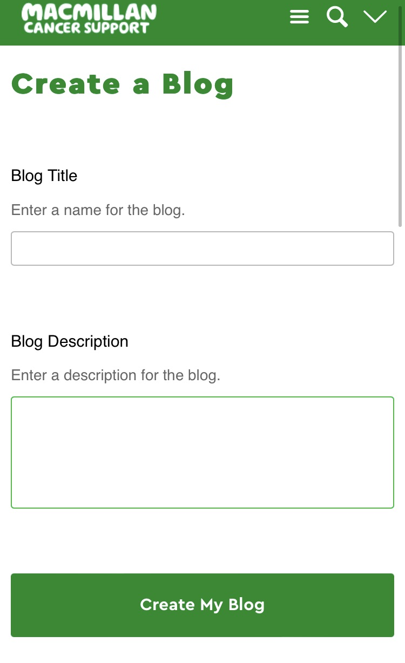 "Create a blog" screen