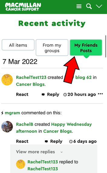 "My friends' posts" highlighted in the "Recent activity" section