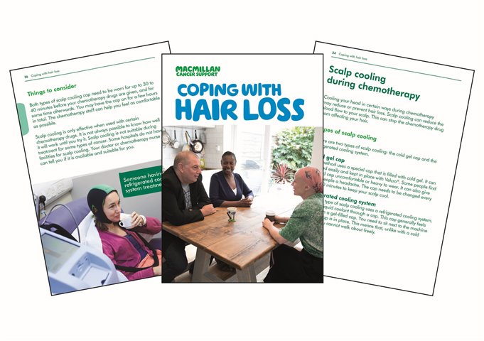 This image shows a splay of pages from our booklet Coping with hair loss