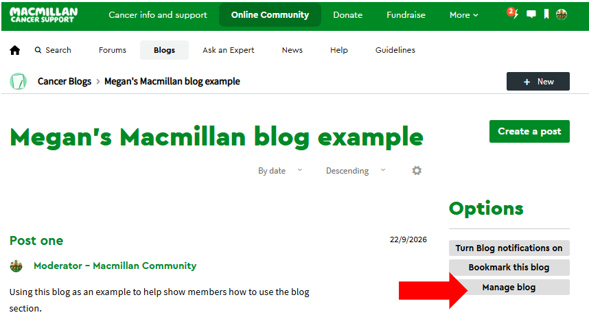 Blog page with red arrow pointing to the manage blog button