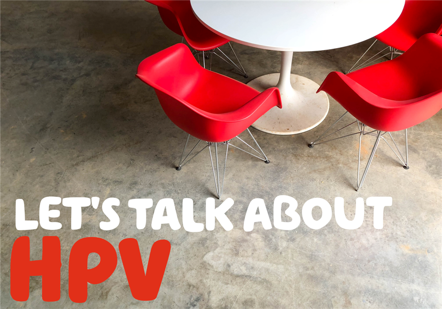 "Let's talk about HPV" written in white and red underneath a picture of a white table with red chairs.