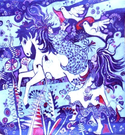  Painting of two women with long hair, a horse and doves, surrounded by fantastical flowers and swirling shapes in blue and white