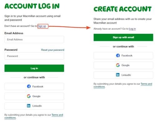  Image of 2 screenshots next to each other, one showing the sign up button the other the 'create account' page.