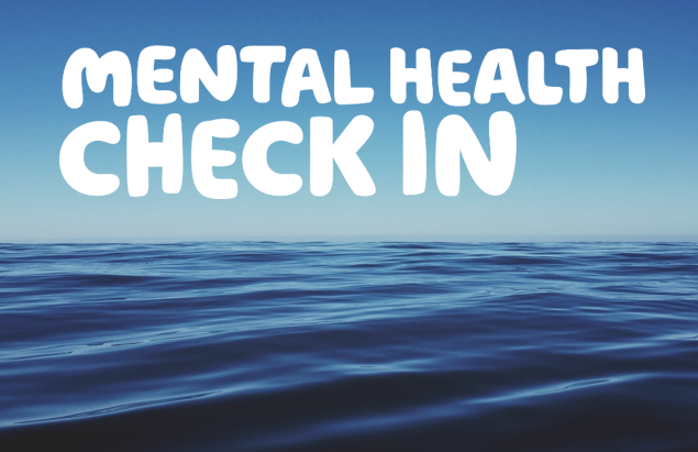 The words 'mental health check in' written in white on a picture of a calm blue sea with blue skies.