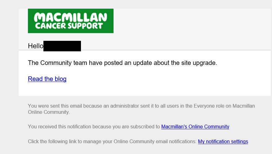  Screenshot showing an email notification from the Community team
